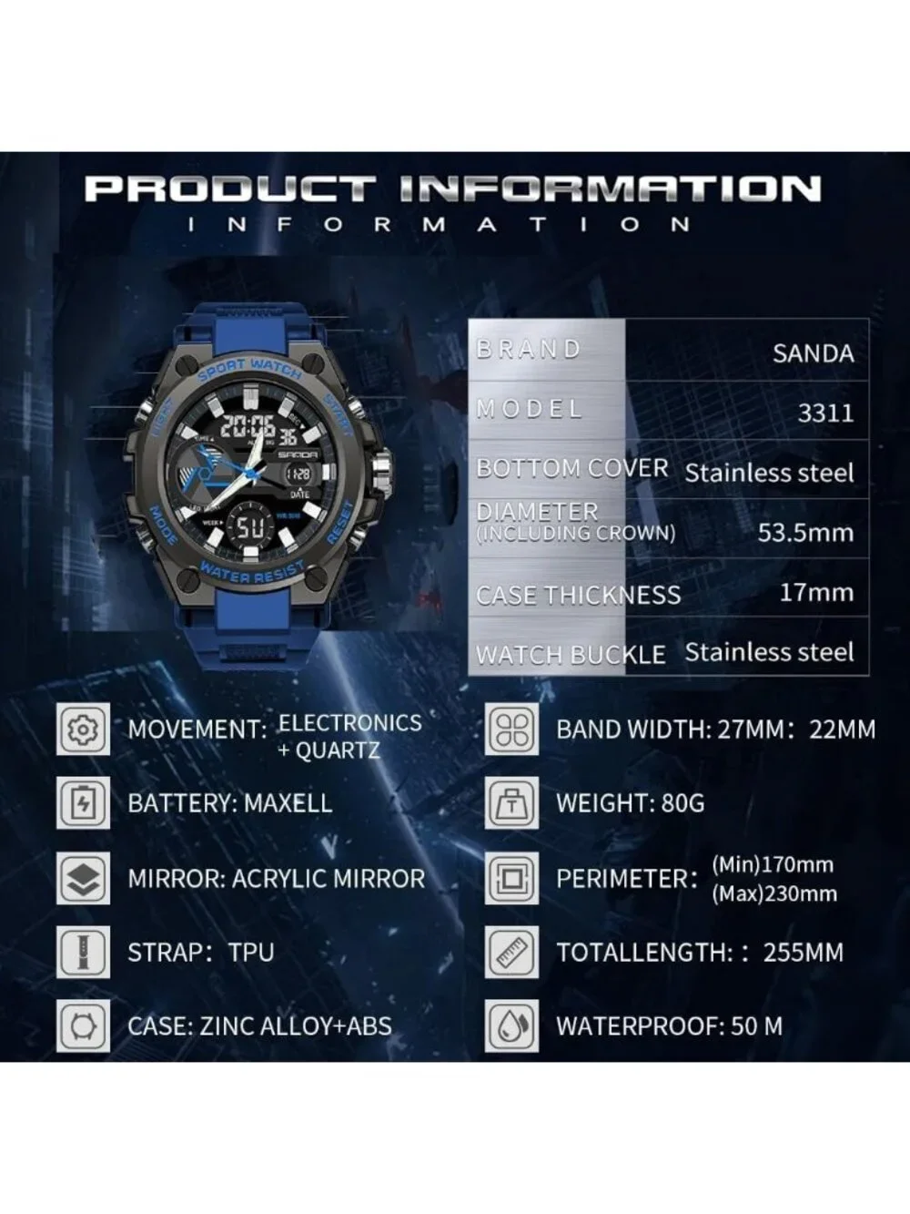 Men's Blue Analog Quartz Sports Outdoor Waterproof Military LED Digital Watch